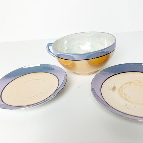 Vintage Lavender & Peach Iridescent Hand Painted Teacup & 2 saucers Japanese - Picture 4 of 15